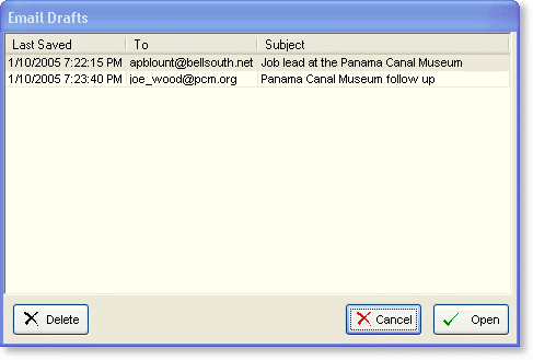 Email drafts dialog for retrieving emails during a job search